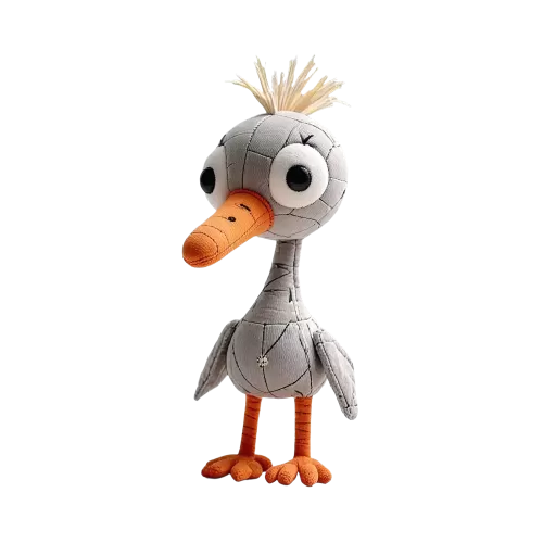 Pluszowa czapla w kolorze szarym z pomarańczowym dziobem i długimi nogami