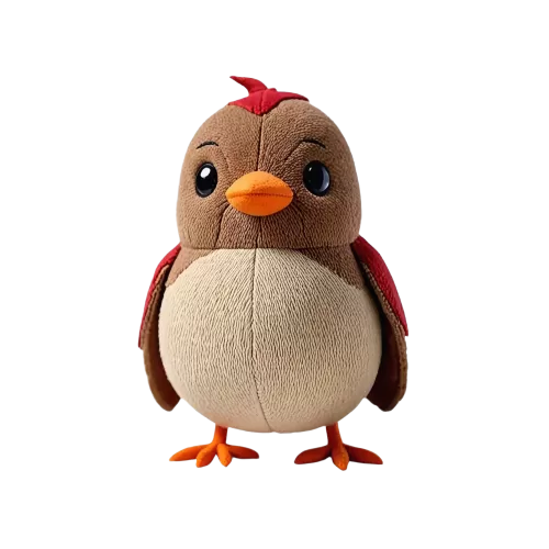 Pluszowy kogut w kolorze brązowym z czerwonym grzebieniem i pomarańczowymi łapkami